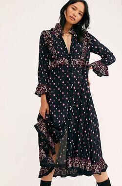 Free People Calico Skies Midi Dress XS Black Floral Ruffle Romantic Boho Prairie